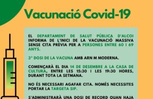 Castalla inicia la vacunació massiva sense cita pràvia de la 3a dosi de la vacuna Moderna per a persones entre 60 i 69 anys