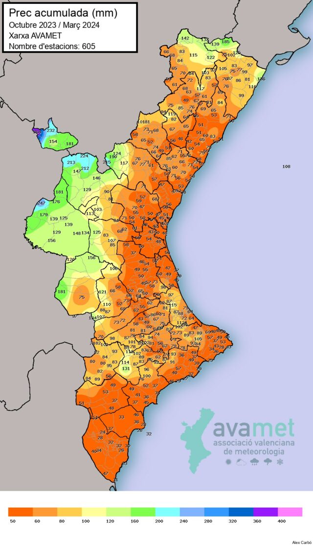 Mapa de la pluviometria registrada durant els darrers 6 mesos a la Comunitat Valenciana confeccionat per Avamet