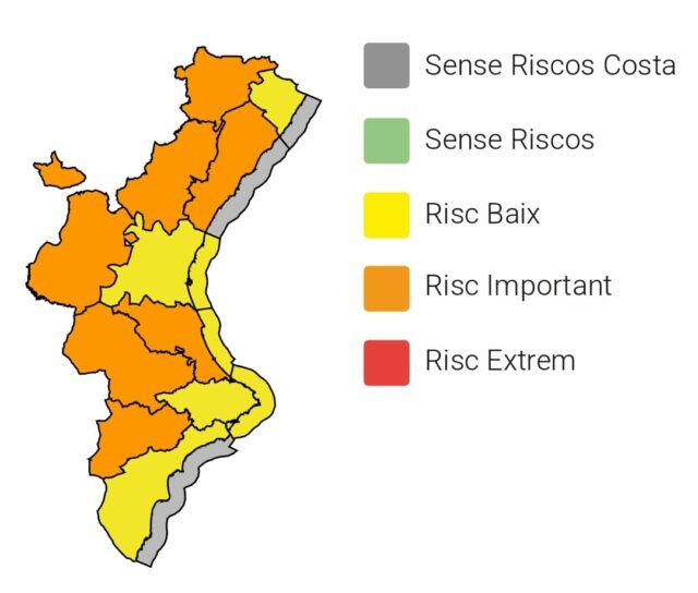Alertes per tempestes decretades pel Centre de Coordinació d'Emergències de la Generalitat Valenciana