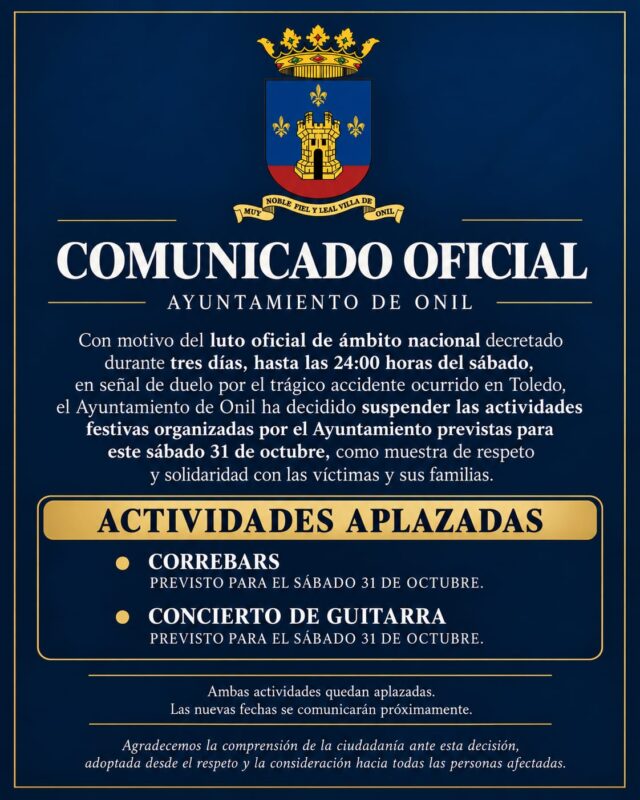 Cartell que anuncia la suspensió de les activitats previstes per al dissabte 31 a Onil per l'accident de tren a Toledo